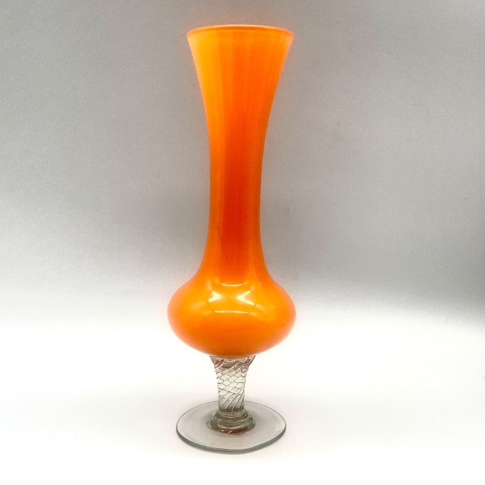 Empoli MCM Glass Pedestal Vase Orange Twisted Stem 8" Art Glass